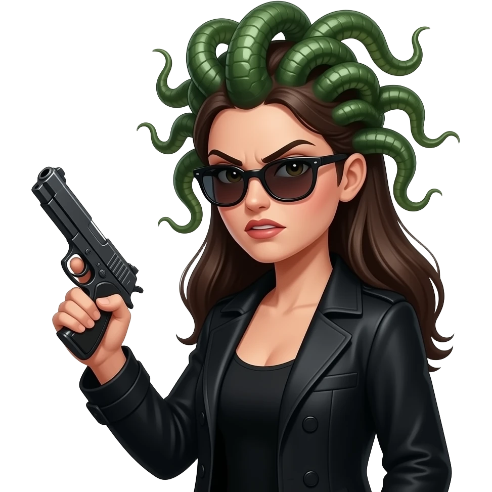 Angry beautiful female Medusa in black coat with sunglasses holding gun emoji