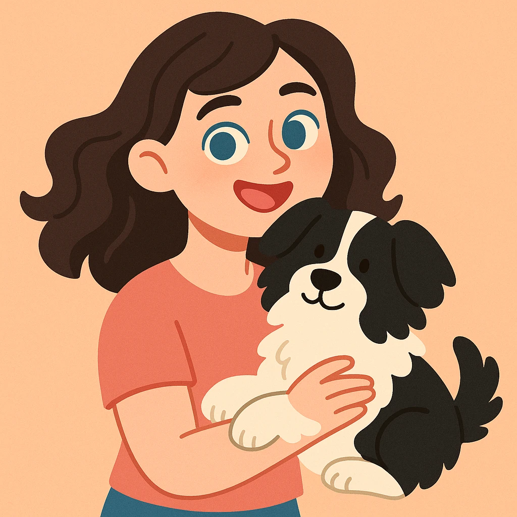 soft cartoon style of a Baltic girl with fair skin, brunette wavy hair, and blue eyes, smiling while holding her fluffy black and white dog emoji