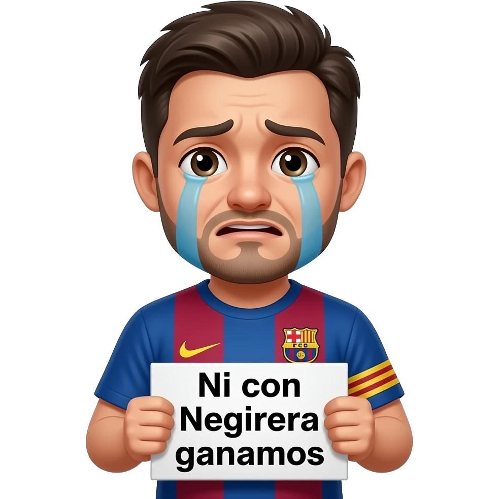 Hazme una imagen de un aficionado del Barsa llorando que sostenga un cartel que ponga en Español: Ni con Negreira ganamos. emoji
