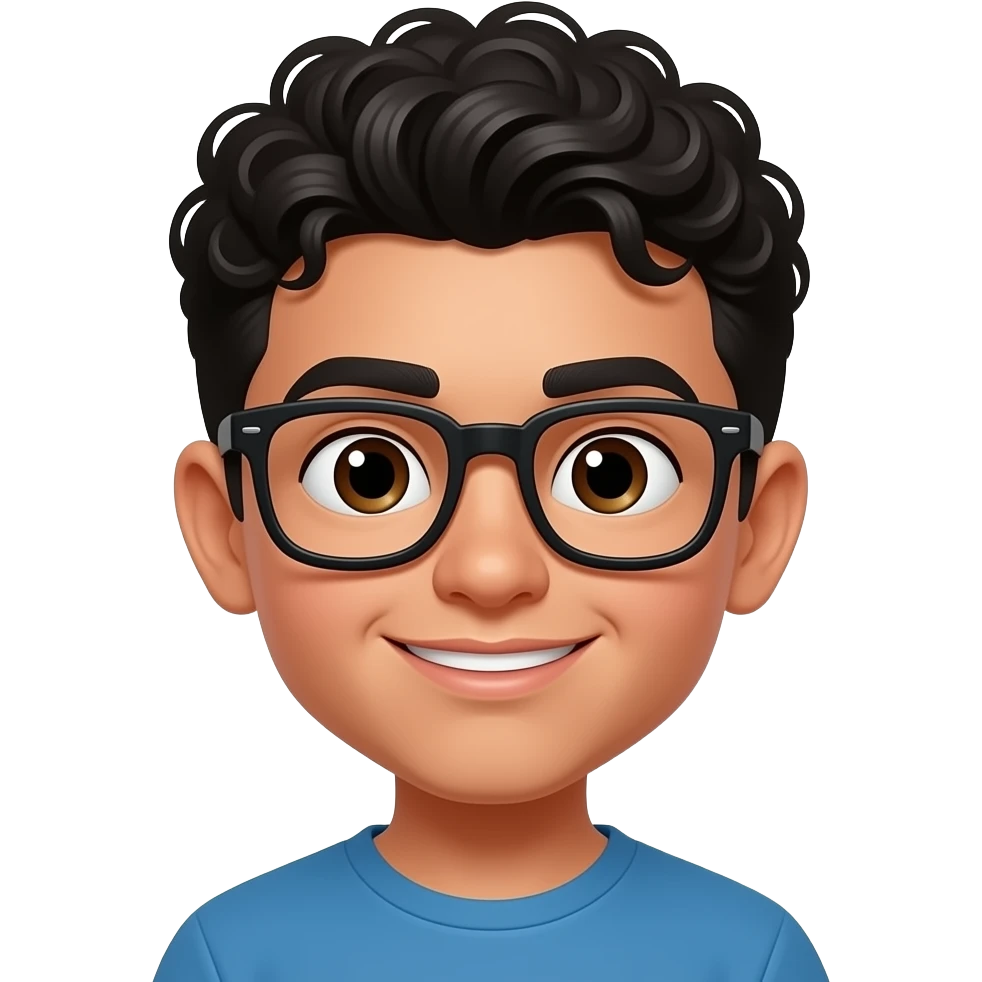 a mexican boy around the age of 13 with black glasses, black curly hair up to his eyebrows, a rectangle shaped face, and a goofy expression emoji