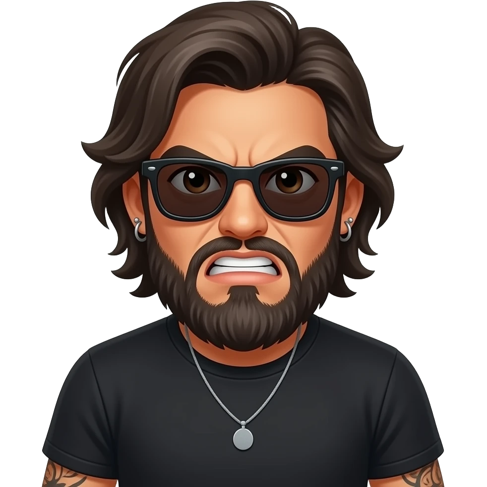 The handsome manly Latino podcast host with medium length hair, a long  slightly graying beard and tattoos with his ears pierced and a nose ring on the right side, dark brown eyes, dark sunglasses, really mad emoji