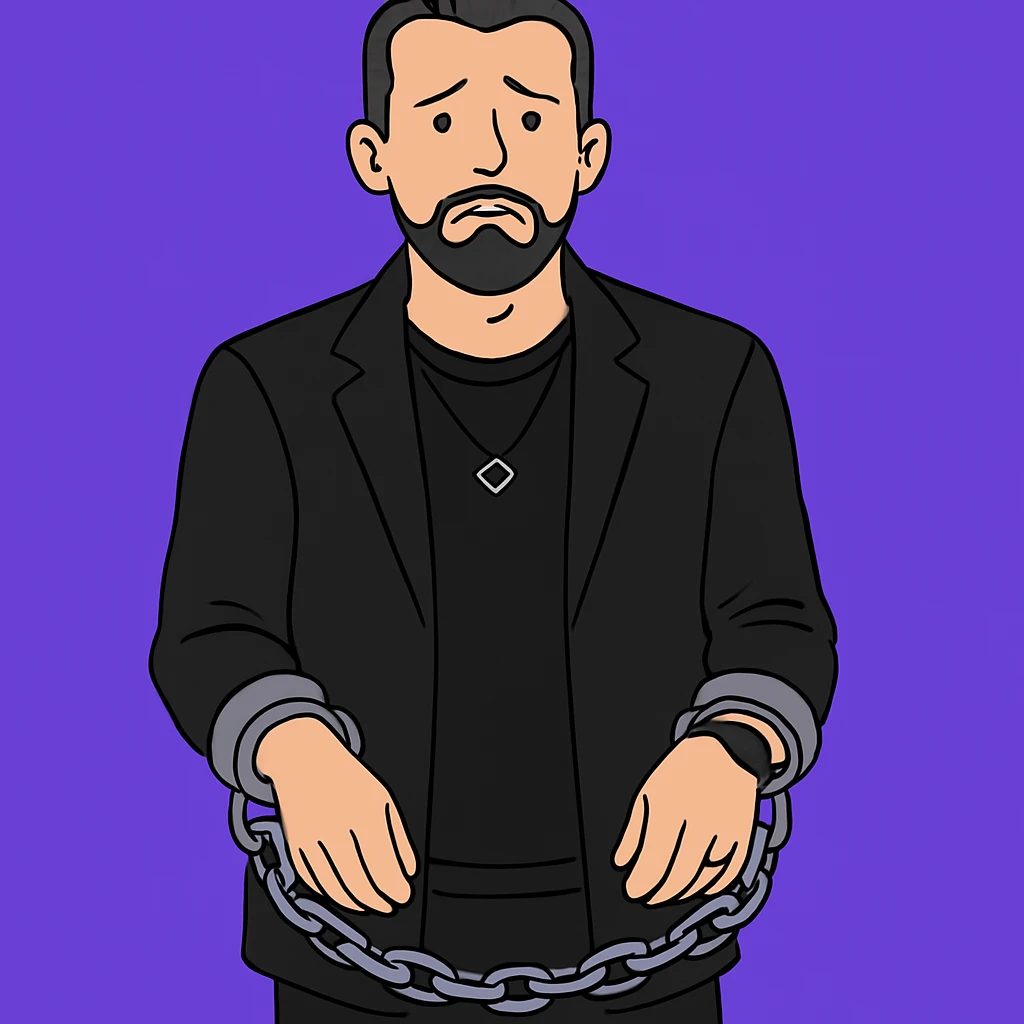 Используя такую стилистику как на картинках сгенерируй мужчину в одежде как на фото. Он стоит и расстроенно смотрит на зрителя, на его руках кандалы и цепи, которые тянут его вниз emoji