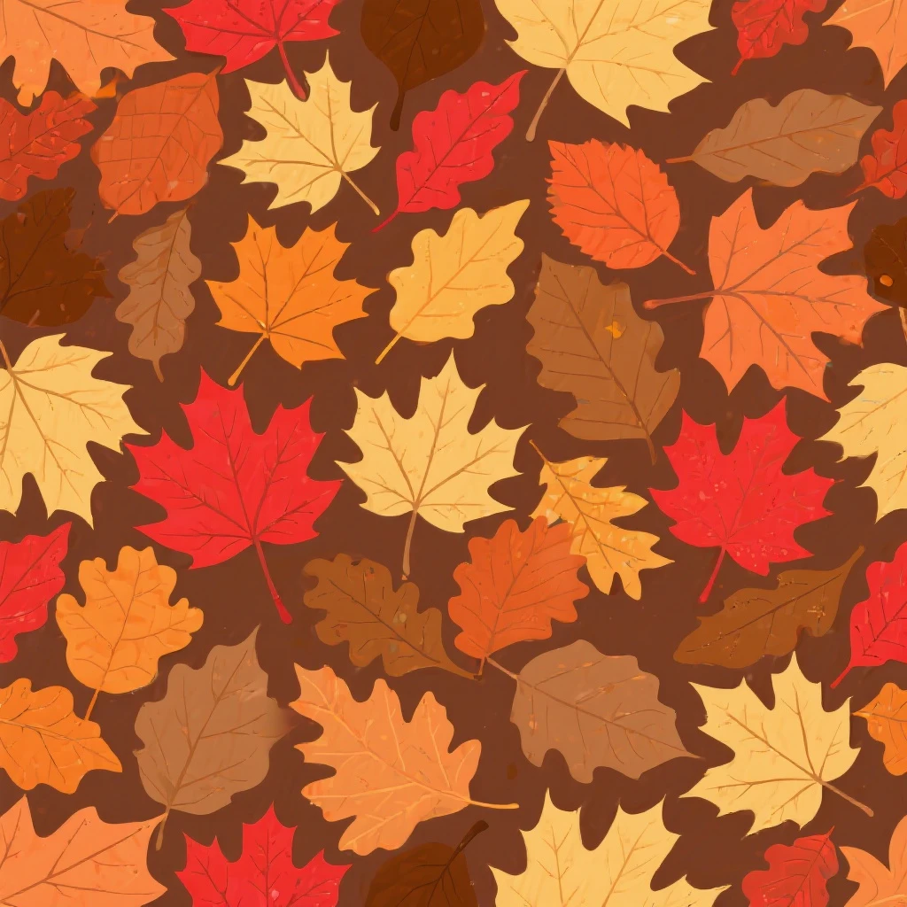 fall leaves seamless background, maple and oak leaves, red orange yellow brown, scattered pattern, soft texture, warm cozy vibe emoji