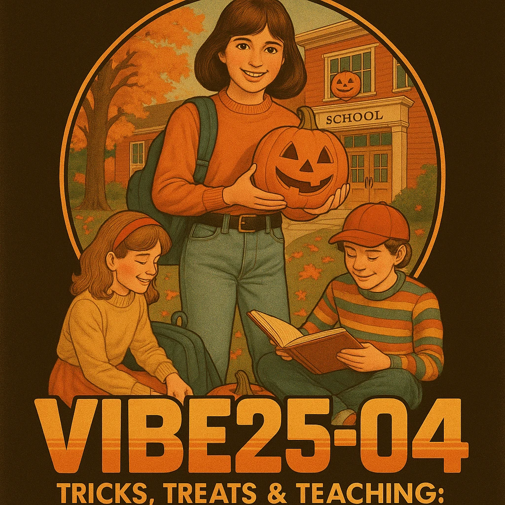 Create a logo that encompasses a retro 80's feel, nostalgic, ALSO RETRO.  Add the words "VIBE25-04: Tricks, Treats & Teaching: Fall Into Learning" emoji