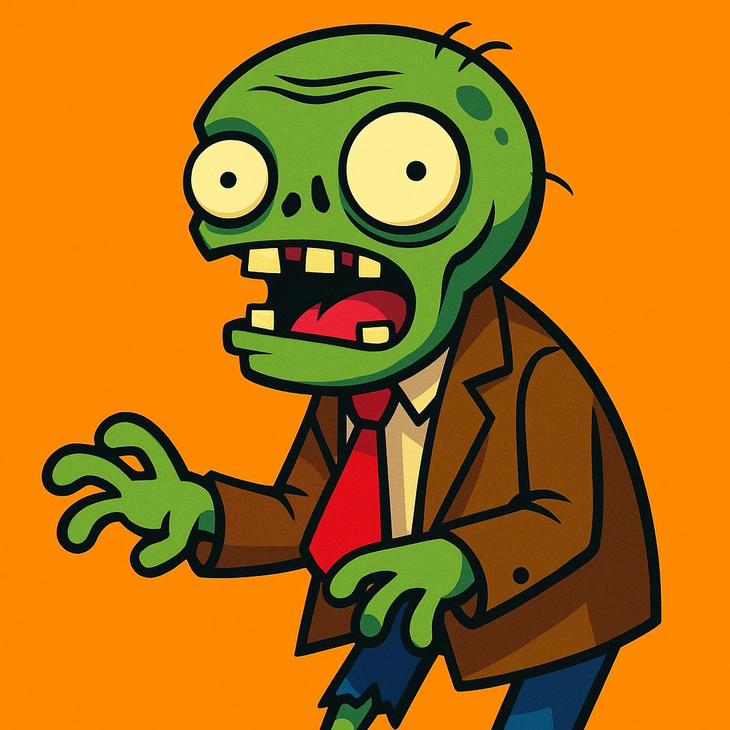 cartoon zombie with silly expression wearing brown jacket, inspired by Plants vs Zombies emoji