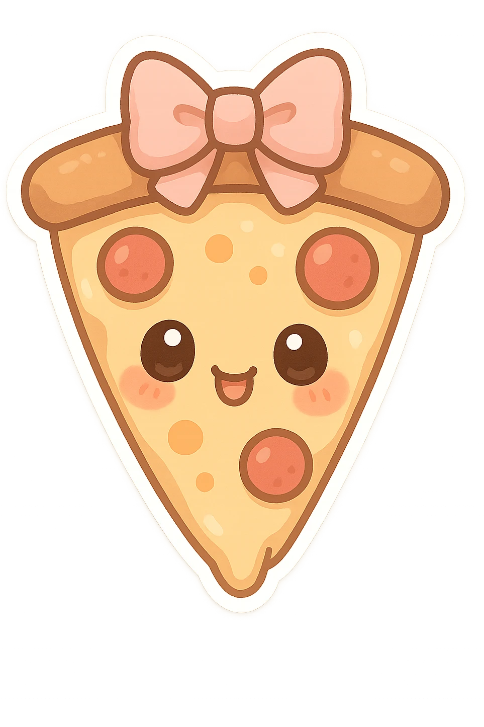 chibi sticker-style slice of pizza with a bow, cute and exaggerated emoji