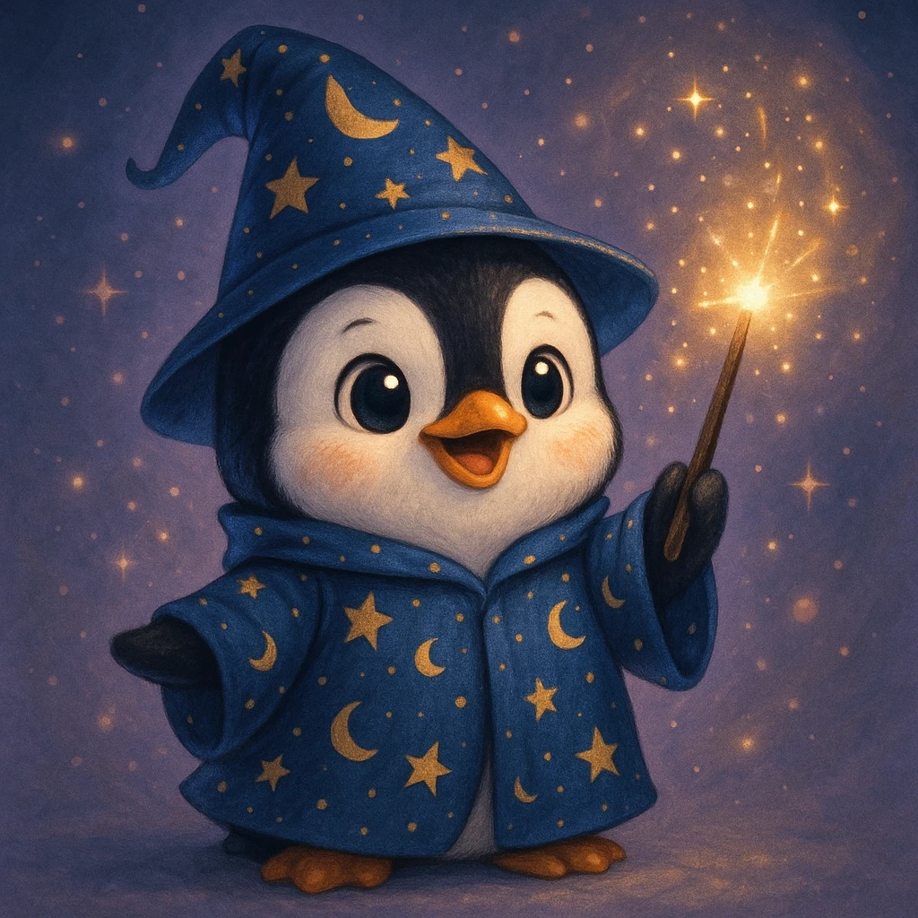 A cute penguin wizard with a starry robe and a glowing wand, casting a spell. emoji