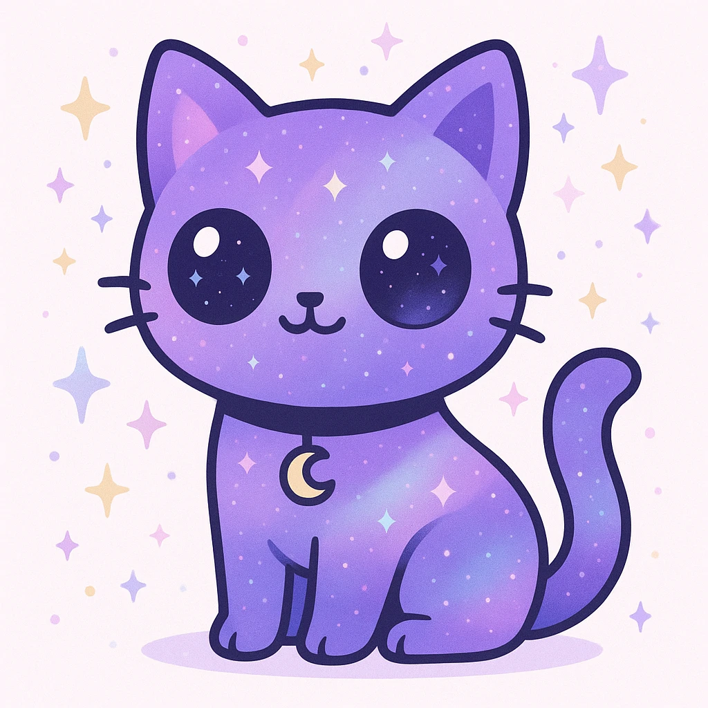 cute purple galaxy gothic cat with dreamy cosmic background, sparkly eyes, gothic accessories, vibrant colors emoji