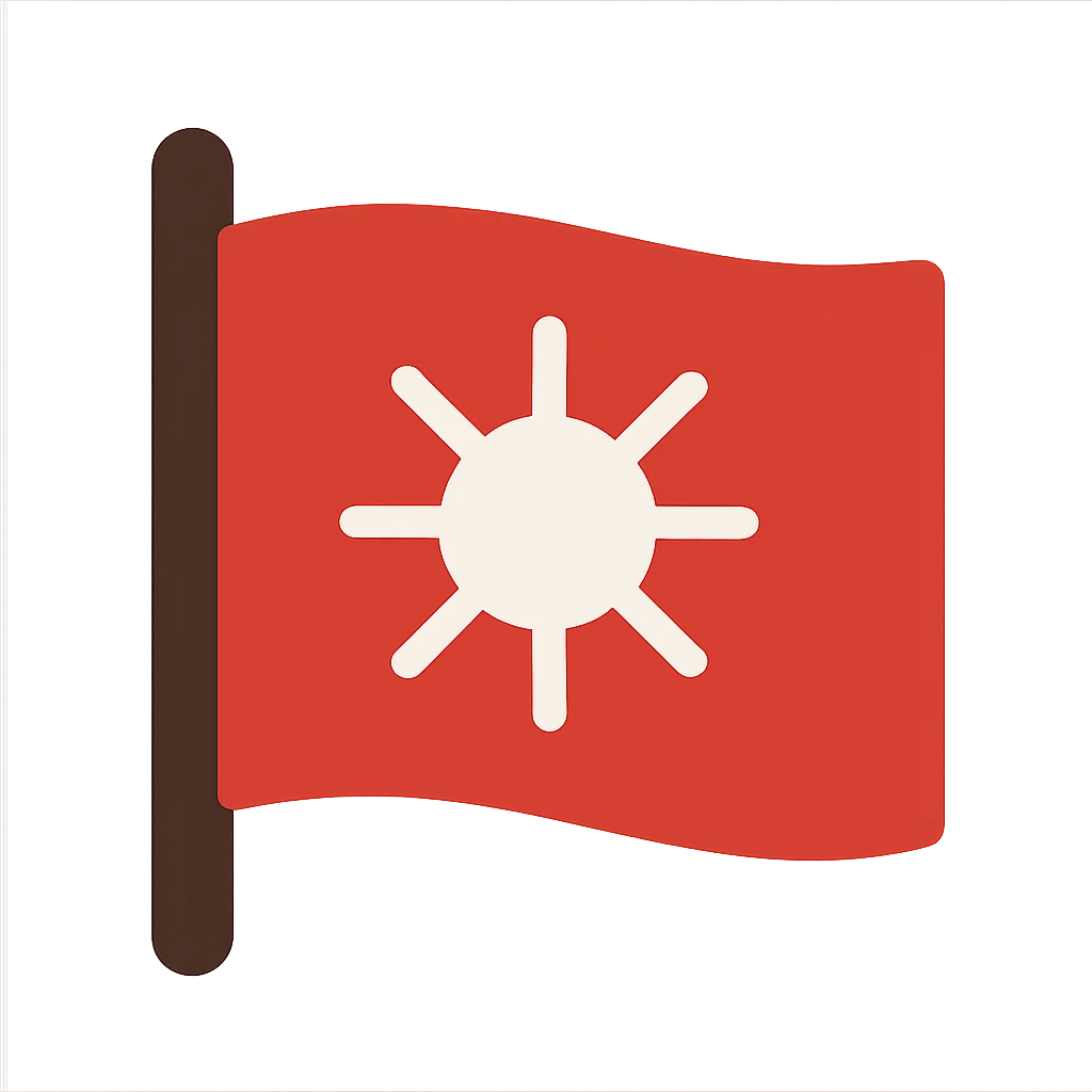 A historical flag from the late 19th-century Philippine revolution, featuring a red background with a white sun symbol at the center. The sun has eight rays, style of a google emoji in the style of an icon emoji
