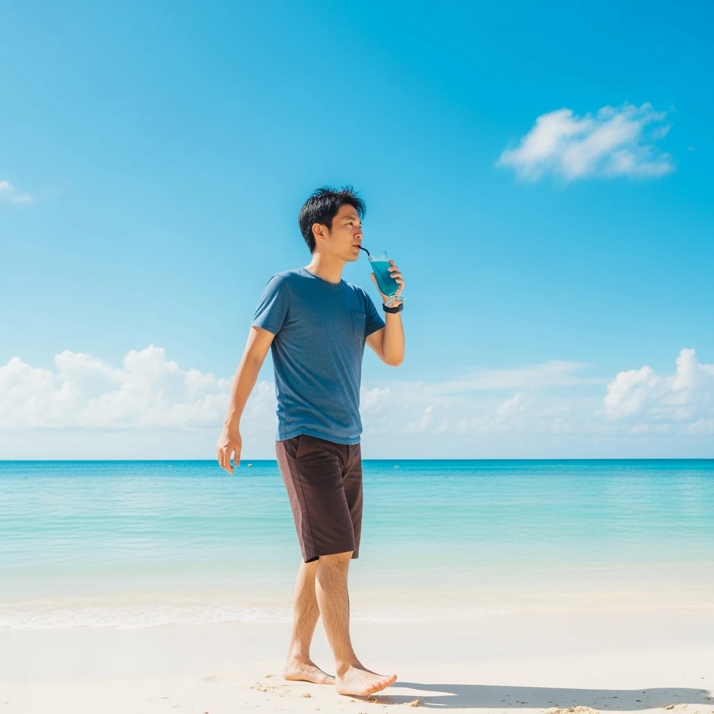 take this picture of a man and make it  beach photo with drink emoji