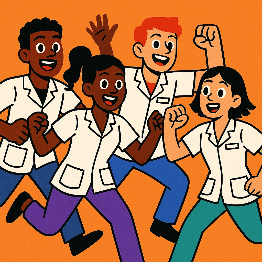 quatre étudiants infirmiers, blouses blanches manches courtes, pas de sous-pull ni stéthoscope, posture dynamique, vibrant toon emoji