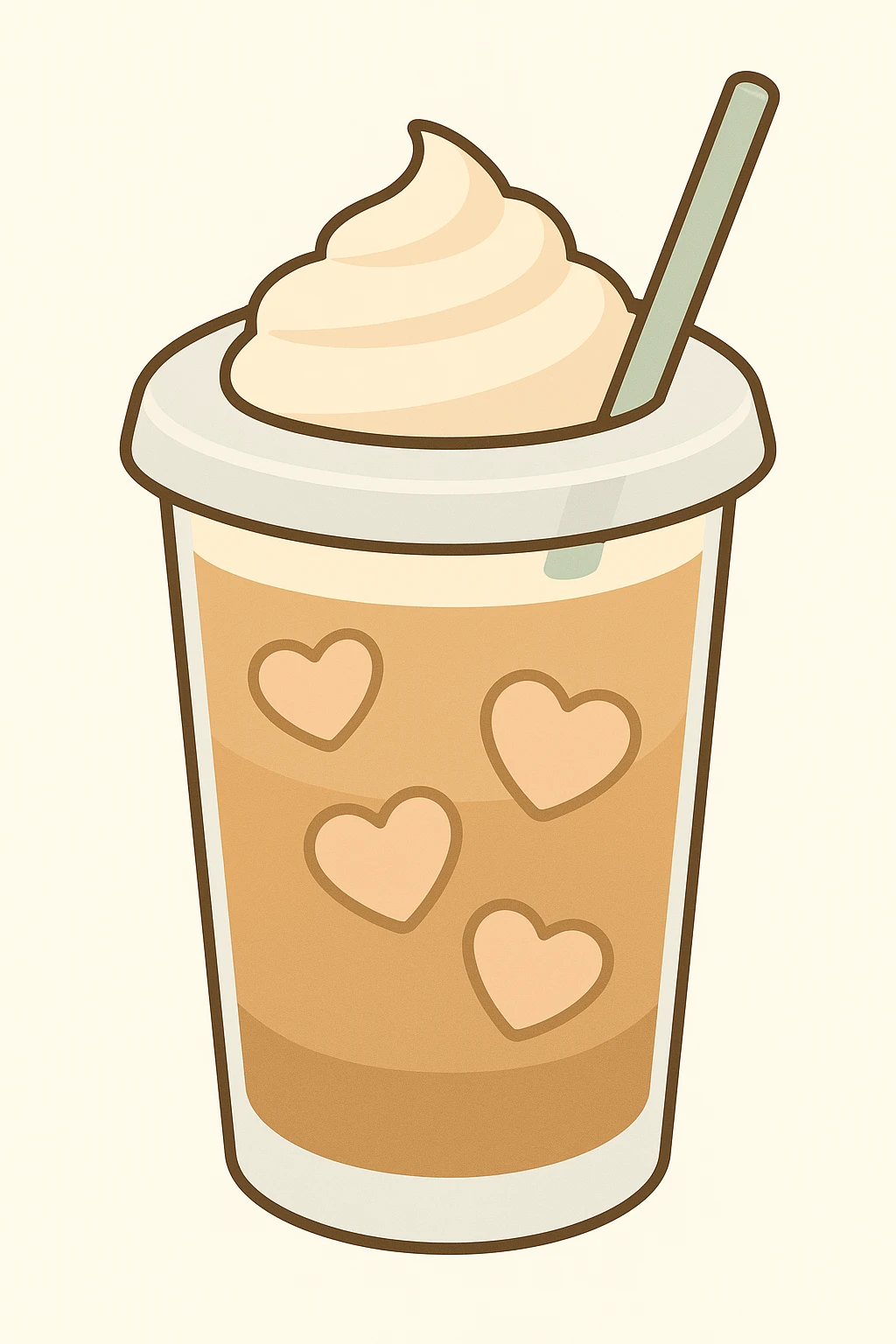 An iced latte in a transparent matte glass, showing how the milk and coffee mix, with heart-shaped ice touching the inner walls of the glass, and a clear lid with a transparent straw on top. Use soft and pastel tones. Make the emoji image resemble the basic set of smileys like on the iPhone. emoji