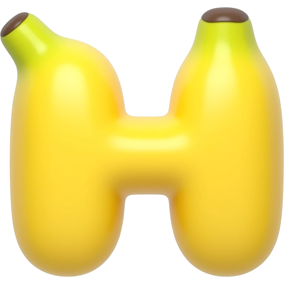 TWO👉 "letters H and    M   made of banana texture, yellow banana color, 3D glossy, smooth rounded shapes, cute cartoon style, isolated on white background, high detail" emoji