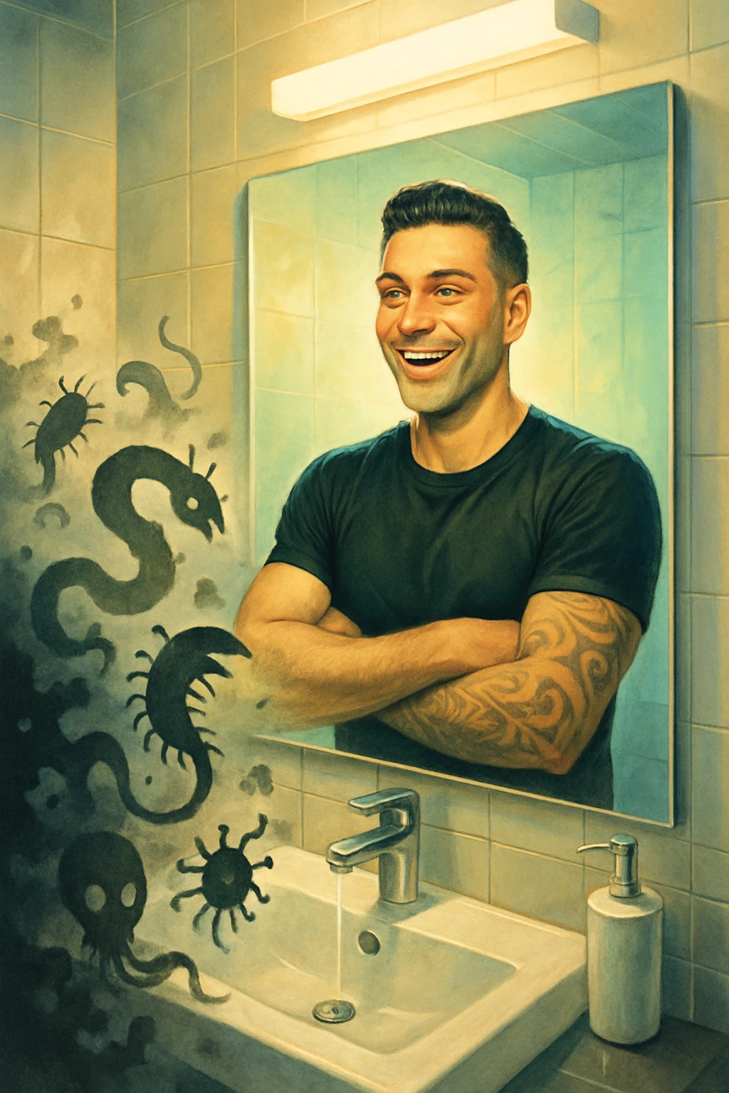 a man stands in a brightly lit bathroom, looking relieved and revitalized as he examines his reflection in the mirror. In the foreground, stylized, shadowy images of parasites (such as worms or protozoa) are shown leaving his body, dissolving into mist or fading away. His posture is upright and his expression is one of newfound energy and health. emoji