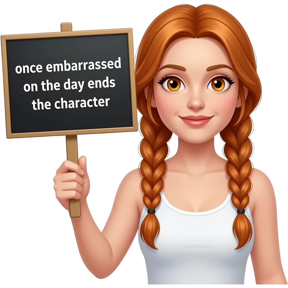 sexy girl with long ginger braids and ginger eyes wearing a white tanktop holds a black sign with EINMAL BLAMIEREN AM TAG FESTIGT DEN CHARAKTER written on it emoji