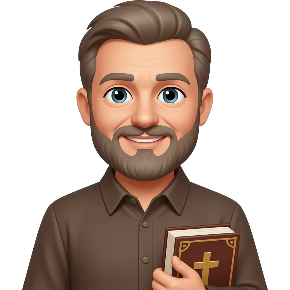wise older man with brown/grey hair beard eyes smile with book that has a cross on it emoji