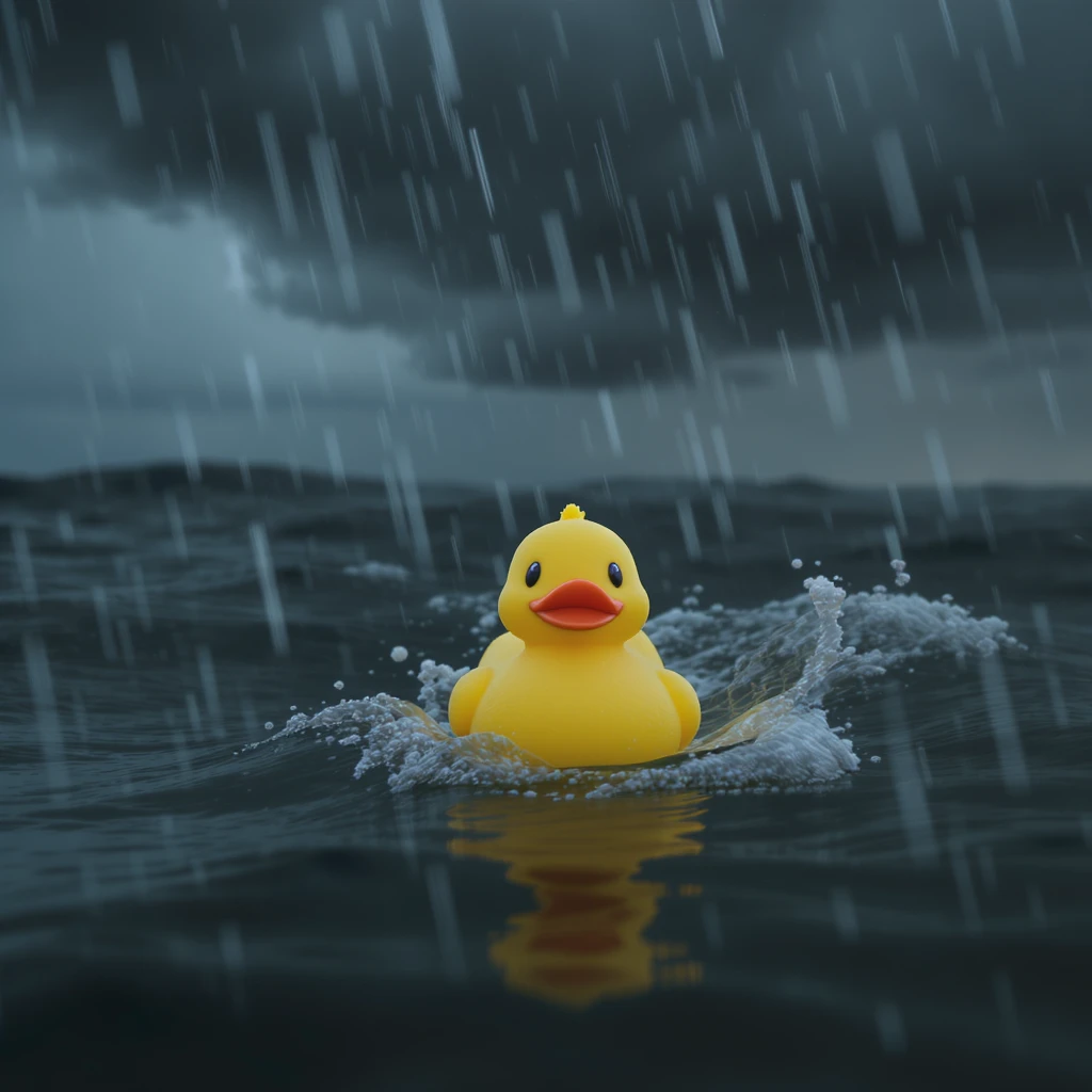 Cinematic still, Closeup shot of Yellow duck toy on ocean during storm, inspired by interstellar  emoji