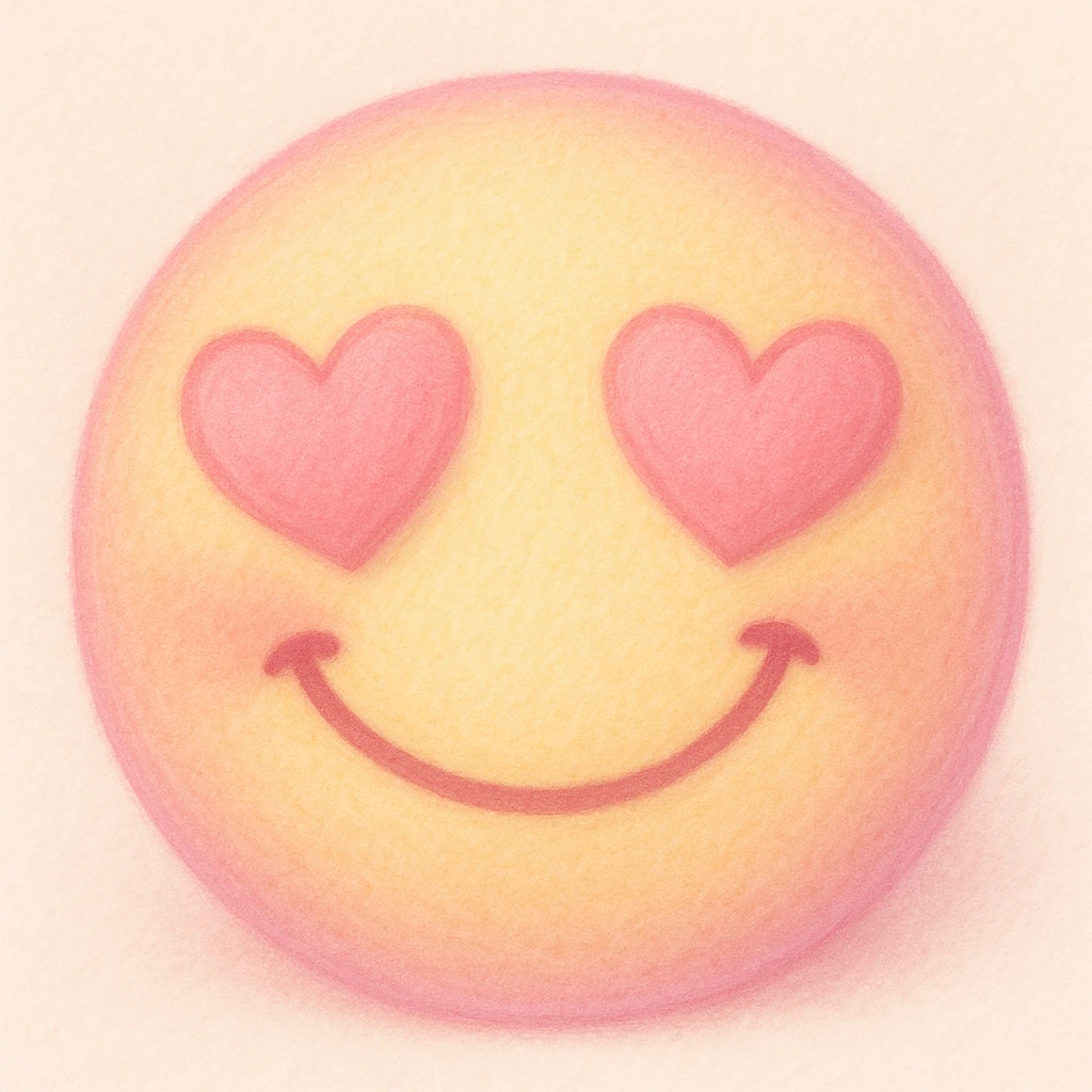 cute emoji, heart eyes, playful grin, pastel pink and yellow emoji