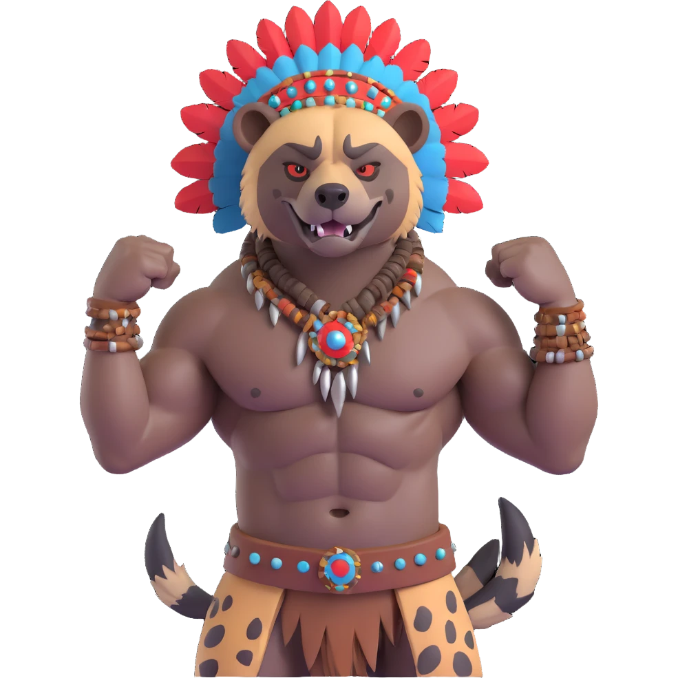 A native strong buff hyena with war bonnet flexing posing  emoji