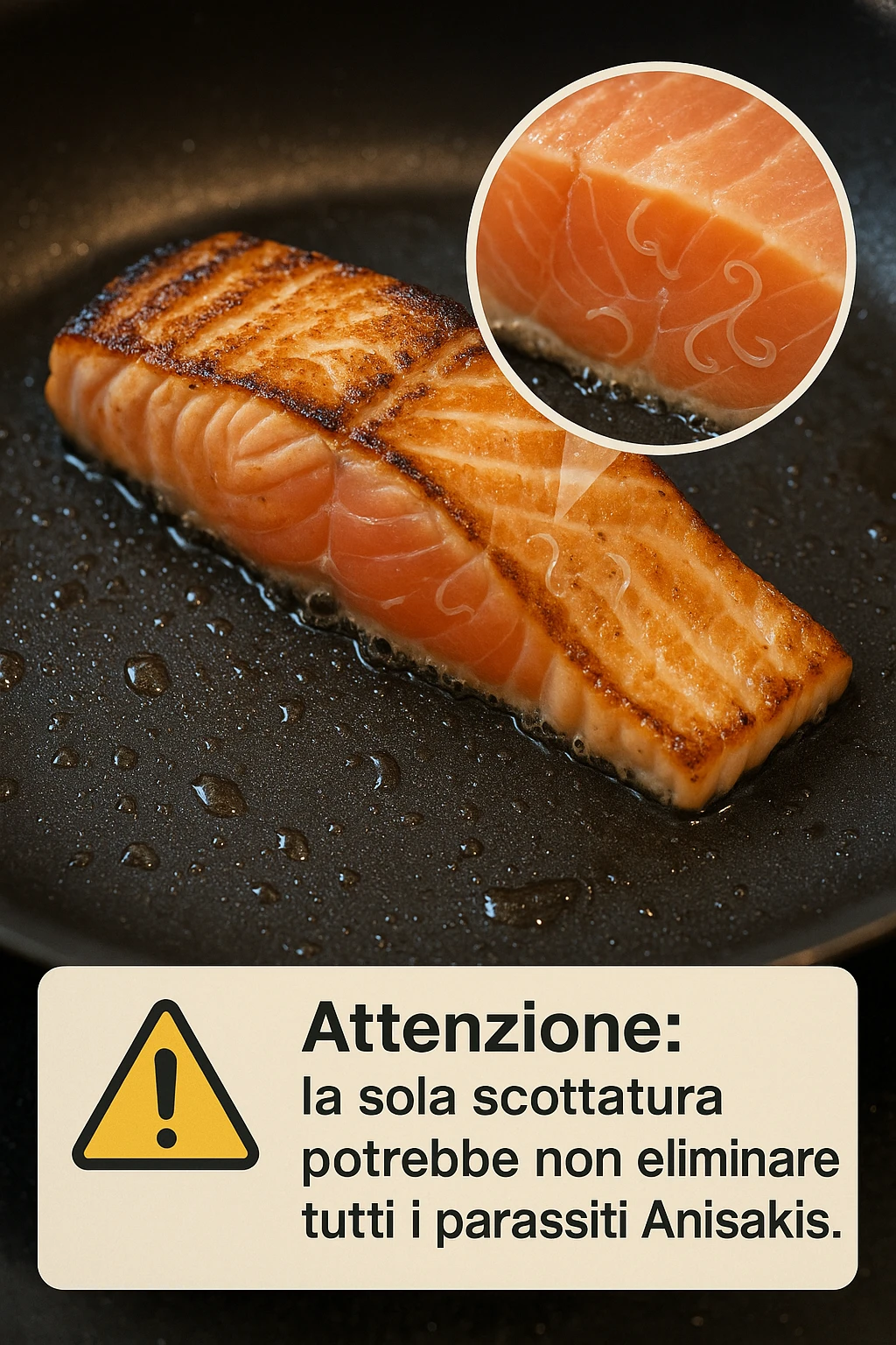 a close-up of a salmon fillet being lightly seared in a hot pan, with the outer layer cooked but the inside still raw. An inset magnifies the interior, showing visible Anisakis parasites surviving in the uncooked portion. A warning icon and educational text explain that searing alone may not eliminate all parasites. in italiano emoji