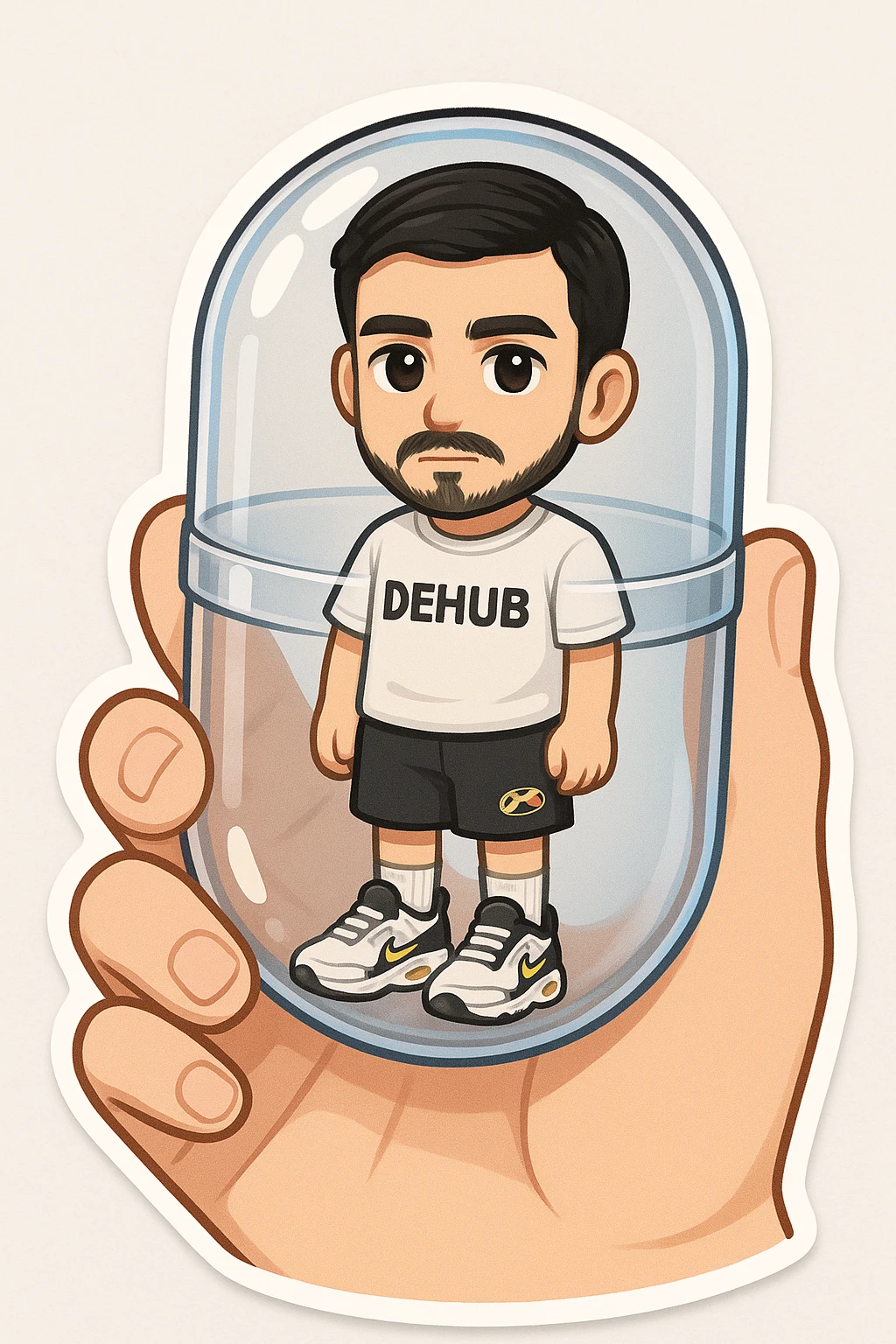 A highly detailed, all-glass gashapon capsule held between two fingers. Inside is a miniature chibi version of the person in the reference photo, with the same face, life-size chibi style. The chibi wears a white T-shirt with 'DEHUB', black 'Air Max' shorts, Air Max TN shoes, and white Nike socks. Emphasize the realism of the capsule and the collectible charm of the chibi figure inside. emoji