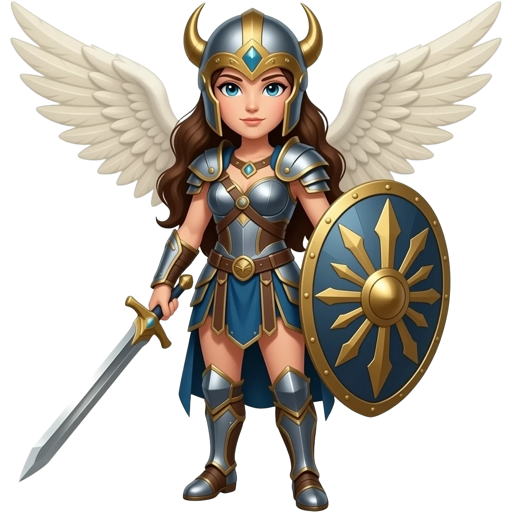 valkiria - Casco alado, espada, escudo pelo largo  café, cuerpo completo emoji