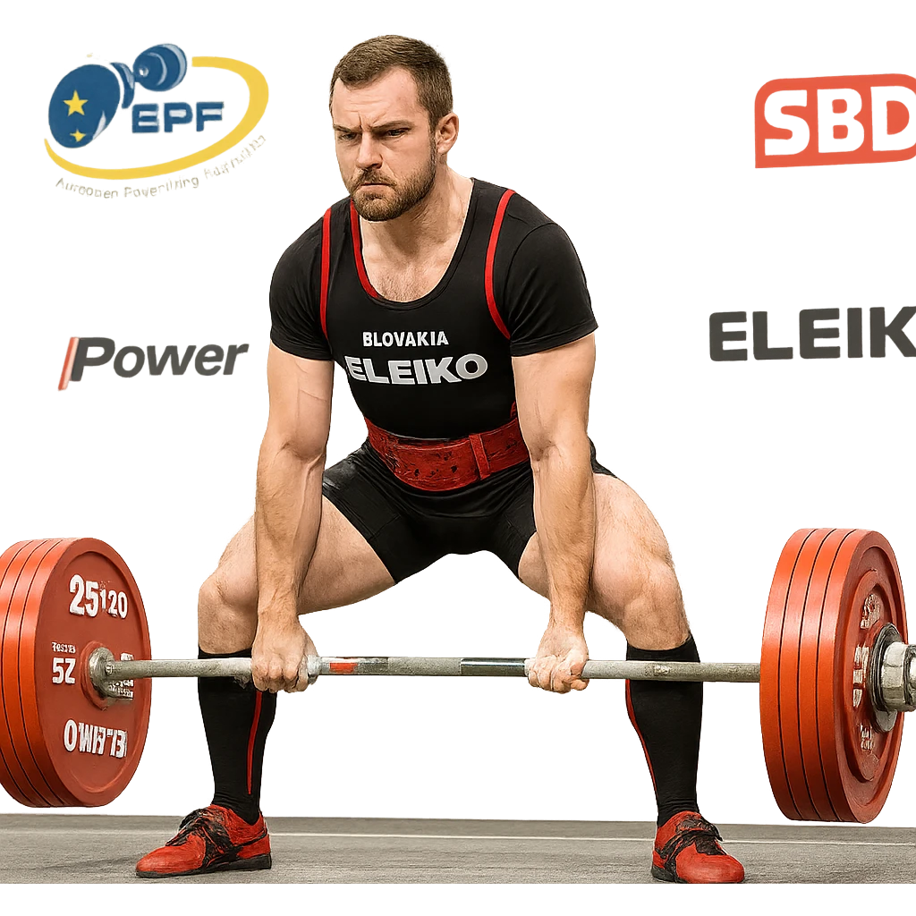 European powerlifter in federal competition, performing deadlift, focused expression, competition clothing, stage with logos, loaded barbell, isolated on white background emoji