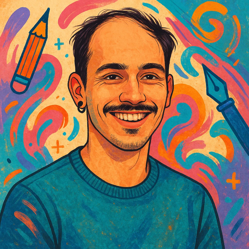 25 year old graphic designer, receding dark hair, thin moustache, black earring left ear, smiling, creative vibe, modern style emoji