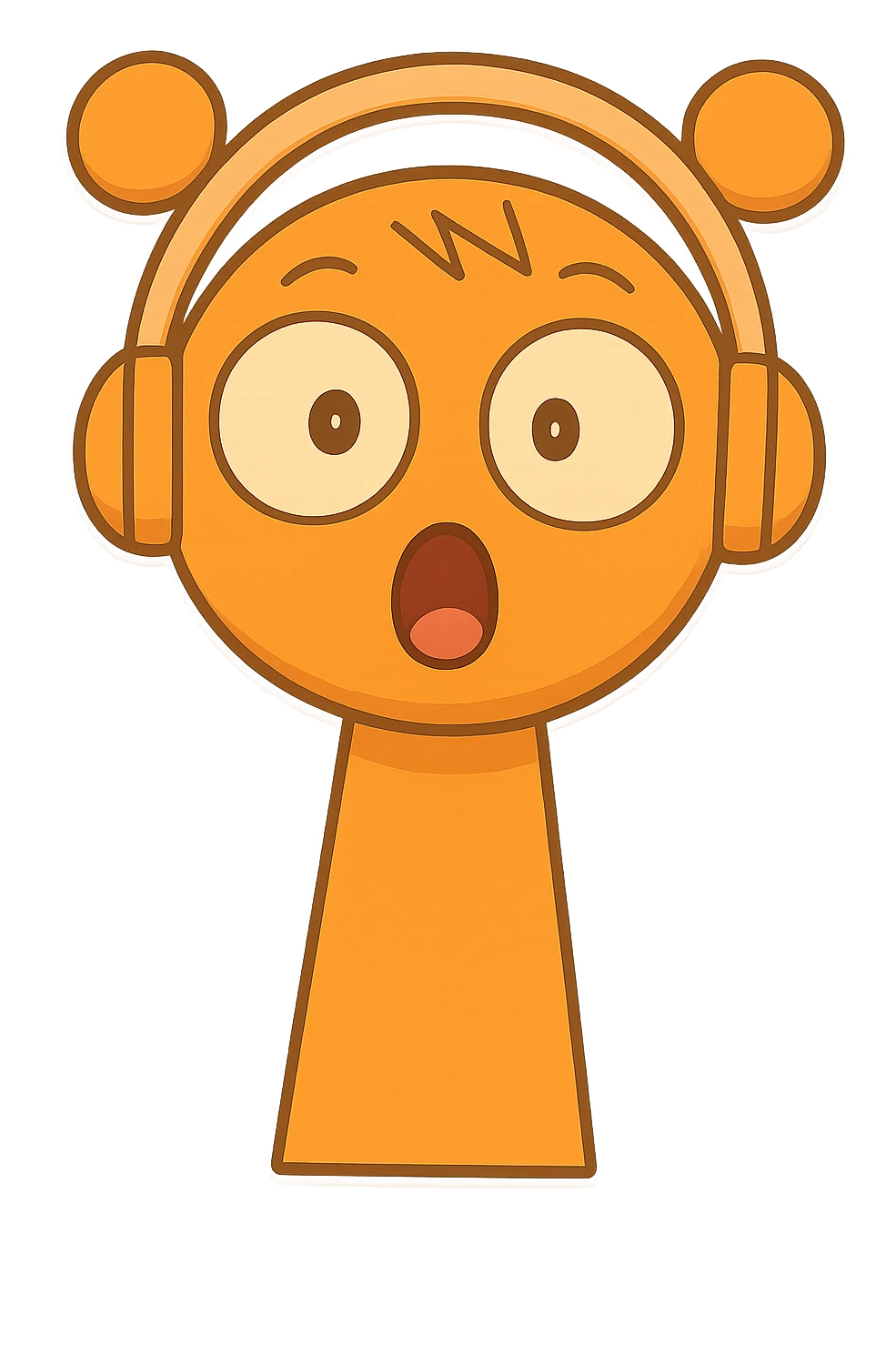 Add a surprised, open mouth expression to the orange character with headphones, maintaining the chibi stickers style with a transparent background. emoji