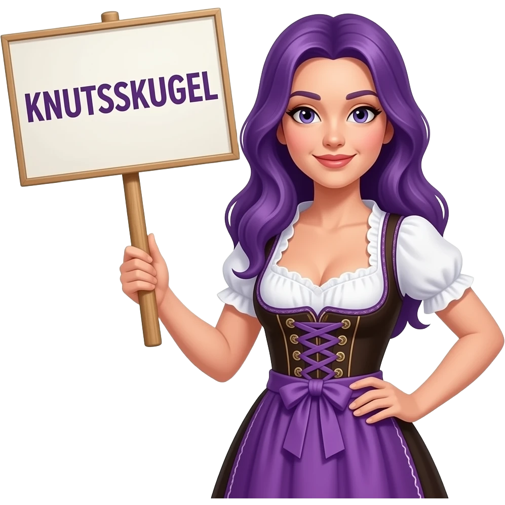 sexy girl with long purple hair wearing a dirndl holding a KNUTSCHKUGEL sign emoji
