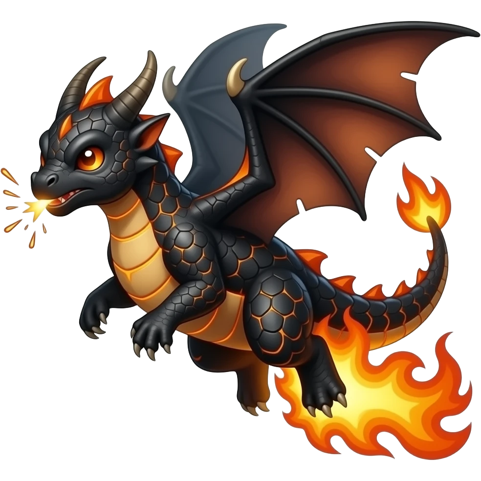 A small draconic creature covered in black scales with molten orange lines between them. It puffs sparks when annoyed and can flare into a blazing glide. emoji