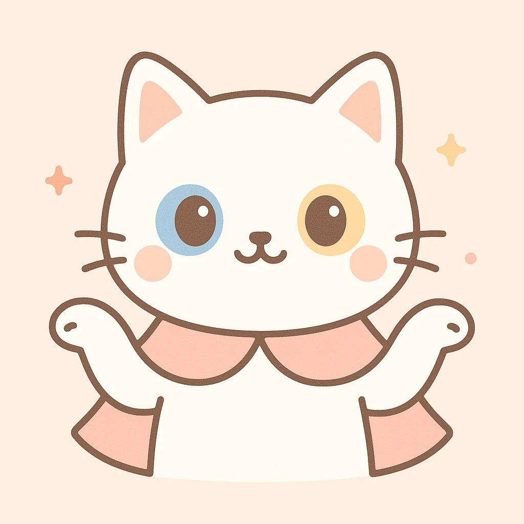 white odd-eyed cat, pink cape, shrugging shoulders with cute expression, round face, soft colors emoji