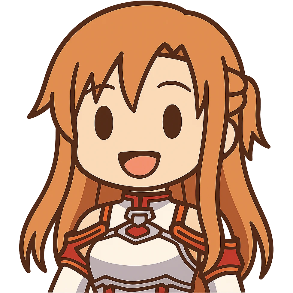 Sticker of Asuna from Sword Art Online in 3D cartoon style with a smiling expression, inspired by the reference image. emoji