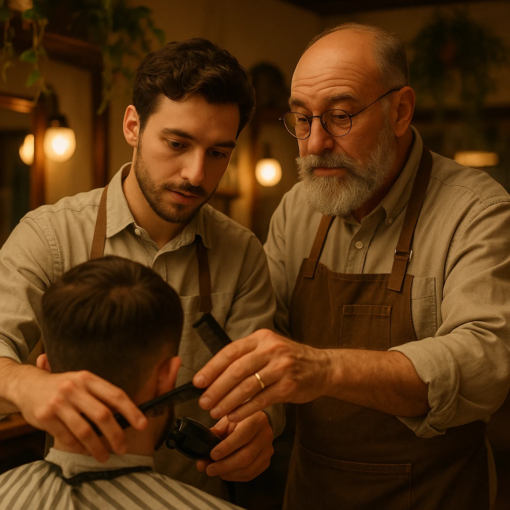 Inside a cozy barbershop with soft lighting, an experienced barber gently teaches his apprentice, guiding his hands as they cut hair together. The room is filled with warmth, plants hanging from the ceiling, and the hum of clippers emoji