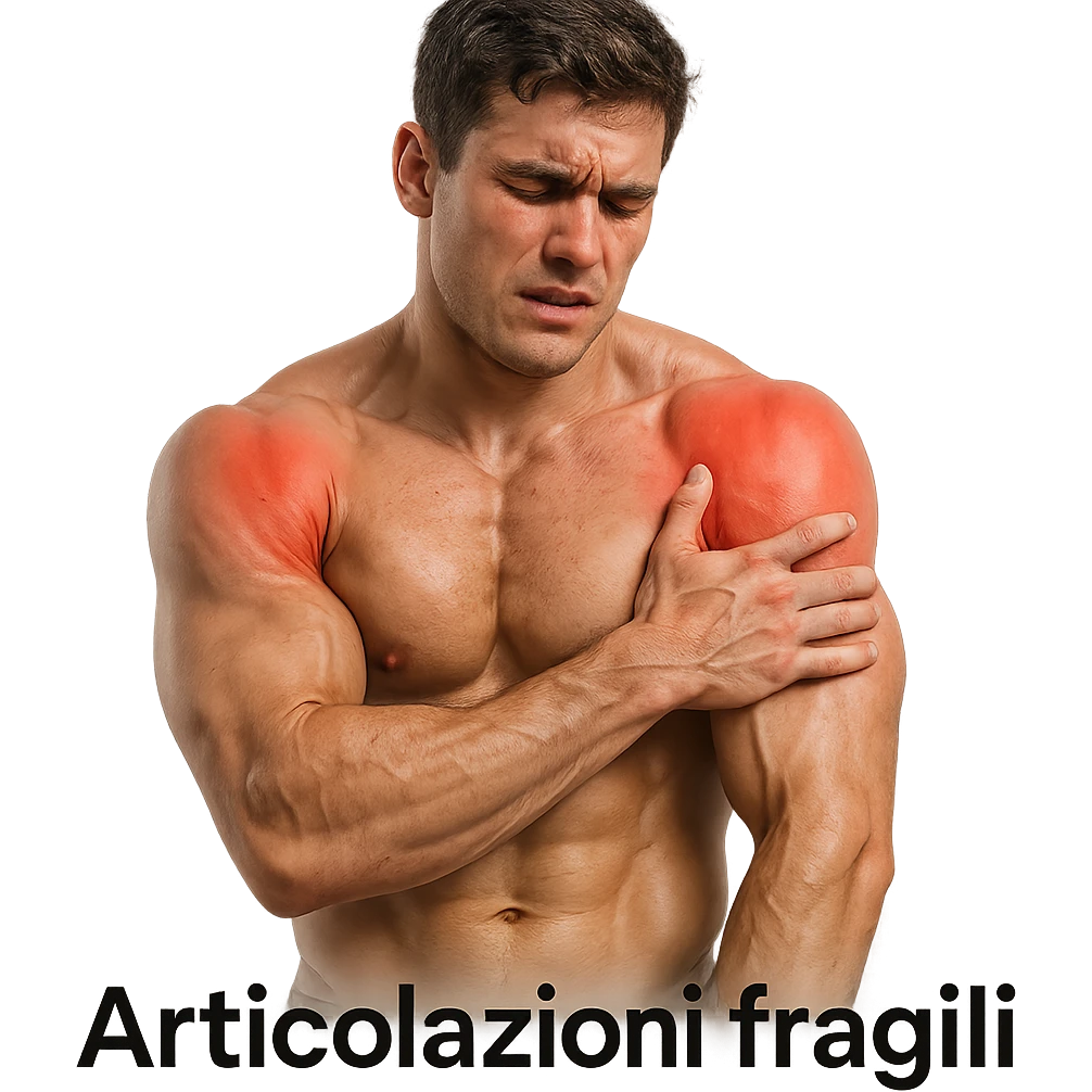 25-year-old bodybuilder with shoulder pain due to low collagen, hyper realistic style, visible muscles, shoulders highlighted in red, discomfort expression, text 'Articolazioni fragili', clinical atmosphere, light background emoji