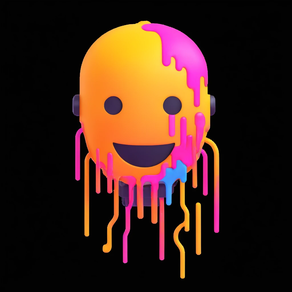 melting emoji face and a futuristic robot, emoji face dissolving into neon digital bits, flat 3D icon, bright neon colors, white background emoji