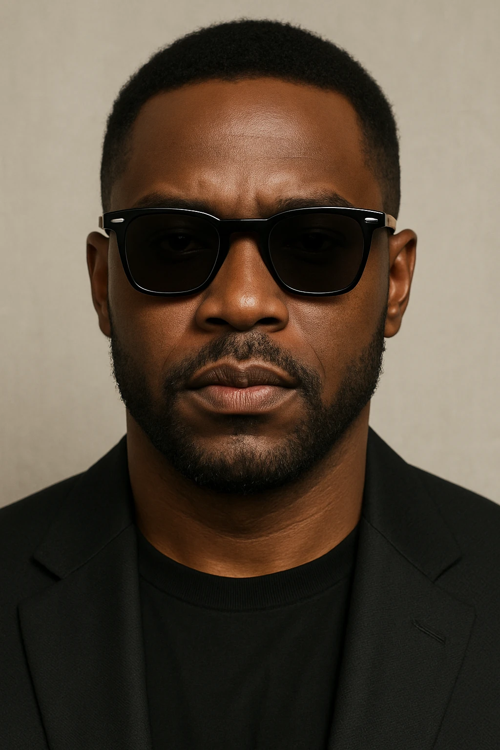 black man with sunglasses, headshot, confident, neutral background emoji