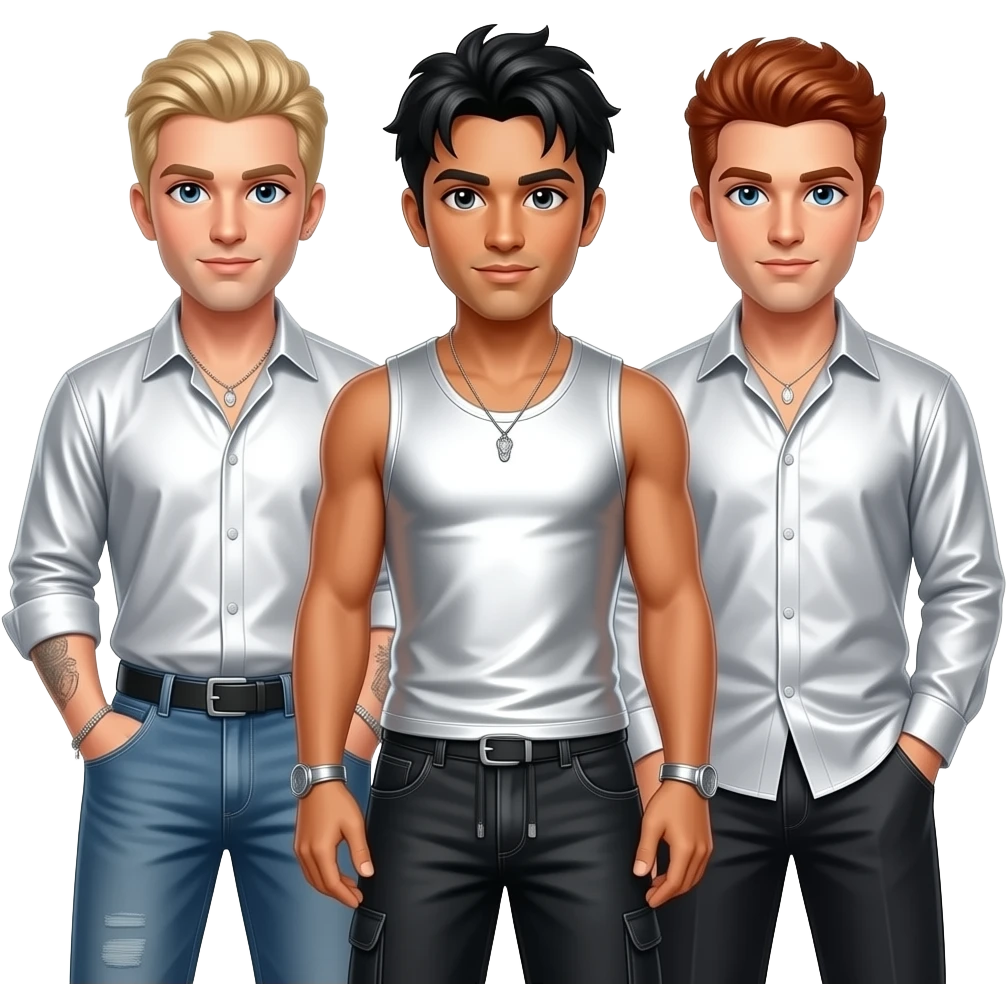 Backstreet Boys with Nick with blue eyes, blonde hair, white metallic shirt and baggy pants, AJ with brown eyes, black hair, white metallic sleeveless shirt and baggy pants, Brian with blue eyes, red hair, white metallic shirt and baggy pants emoji