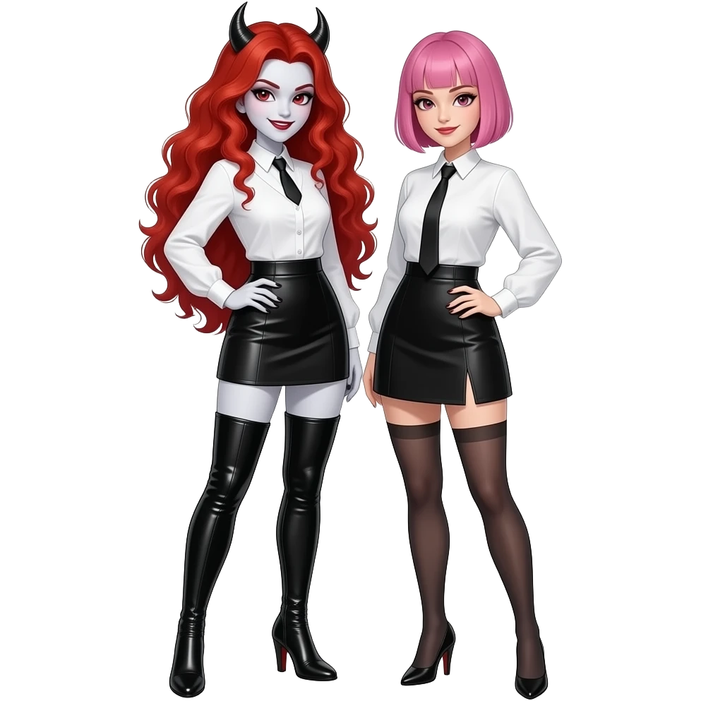 Vampiro femmina  con capelli lunghi rosso fuoco ondulati con pelle bianca che indossa degli stivali stretti lunghi, neri e con il tacco una gonna corta nera e una camicetta con le maniche lunghe bianca con una sua amica vampiro FEMMINA che ha i capelli con la frangia corti e rosa emoji