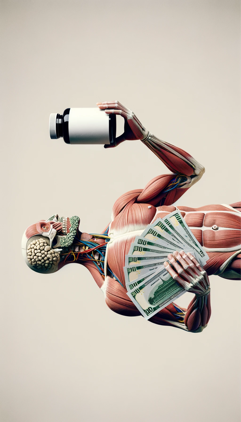 corpo umano anatomico che tiene nella mano destra una boccetta di integratore e nella mano sinistra delle banconote, sfondo neutro chiaro emoji