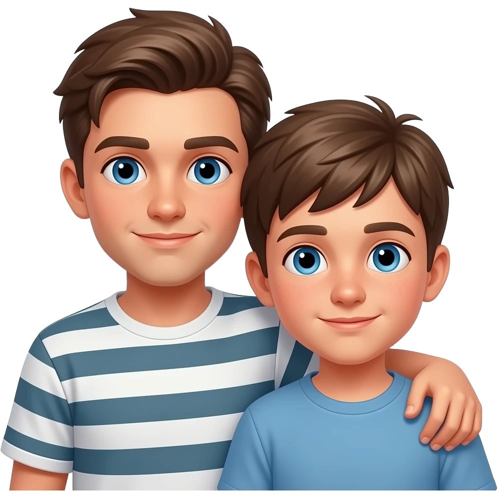 Erstelle ein Emoji von zwei Brüder, der eine um die 20 und der andere um die 24, der älter Bruder legt sein Arm über sein jüngeren Bruder und beide legen die Köpfe aneinander. Beide haben blaue Augen emoji