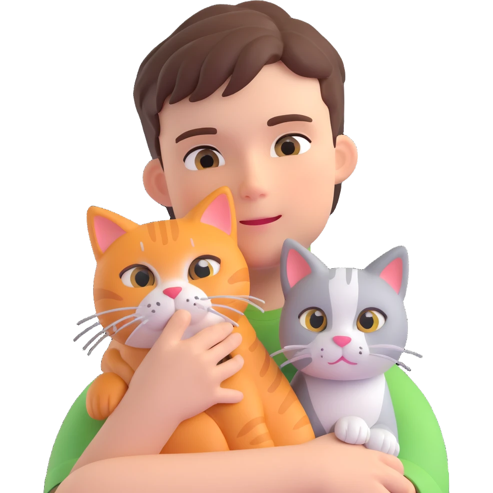 boy and cat pet in forrest background, close up pose emoji