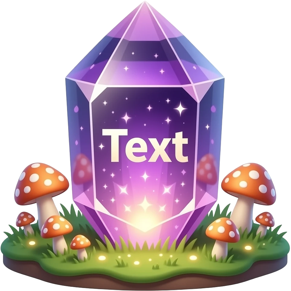 The word 'Text' carved out, transparent Amethyst crystal, internal glowing magical light, surrounded by soft glowing mushrooms, magical realism style, detailed, 3D, shimmering particles, fantasy illustration emoji