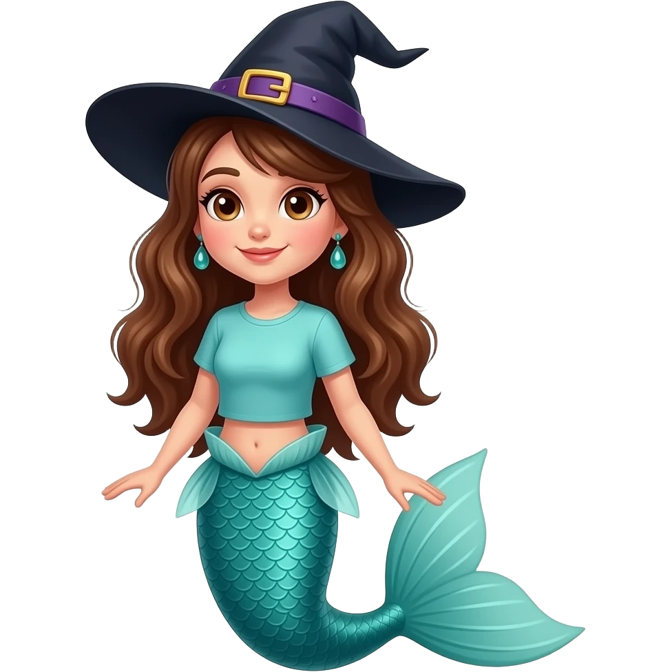 A beautiful brunette witch/mermaid with brown eyes full body with mermaid shirt emoji
