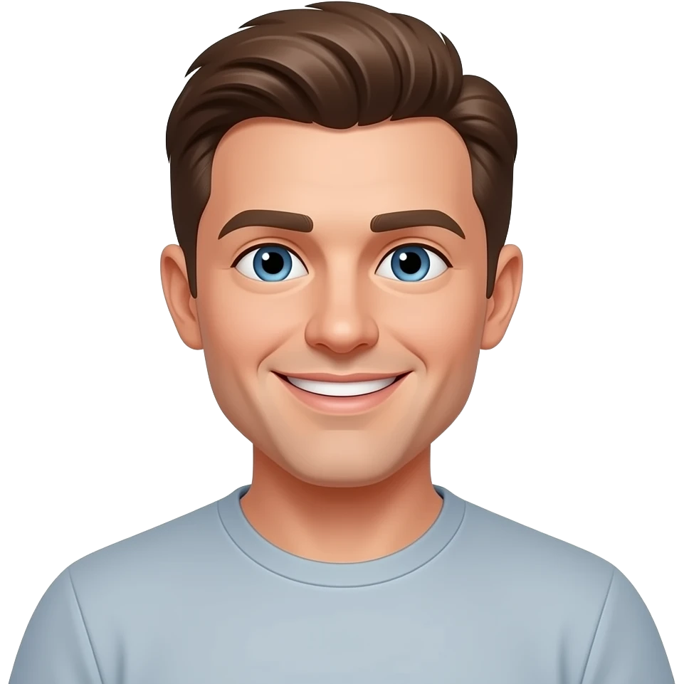 30 year old man, clean shaven, smiling with blue eyes and brown hair parted on right, in t-shirt emoji
