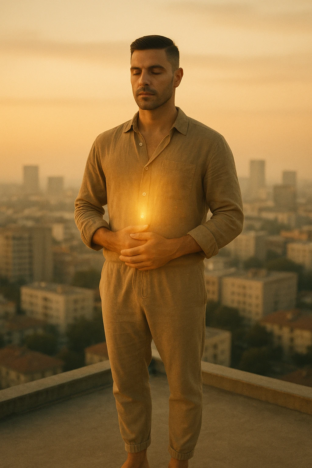 A cinematic portrait of a calm and composed man in his mid-30s, with light stubble and a defined jawline, standing alone on a rooftop at sunrise overlooking a quiet modern city. He’s wearing minimalist, earth-toned clothing — a linen shirt loosely buttoned, neutral joggers, barefoot. His hands rest gently over his abdomen in a meditative posture, eyes half-closed, reflecting clarity and focus. The early morning light bathes his face and body in soft gold, symbolizing renewal and healing. Around him, the city is still asleep, with only faint traces of life below. The air feels clean and silent. Subtle glow effects radiate gently from his chest and abdomen, suggesting internal regeneration. 35mm film style, shallow depth of field, realistic human textures and cinematic color grading with warm and natural tones. emoji