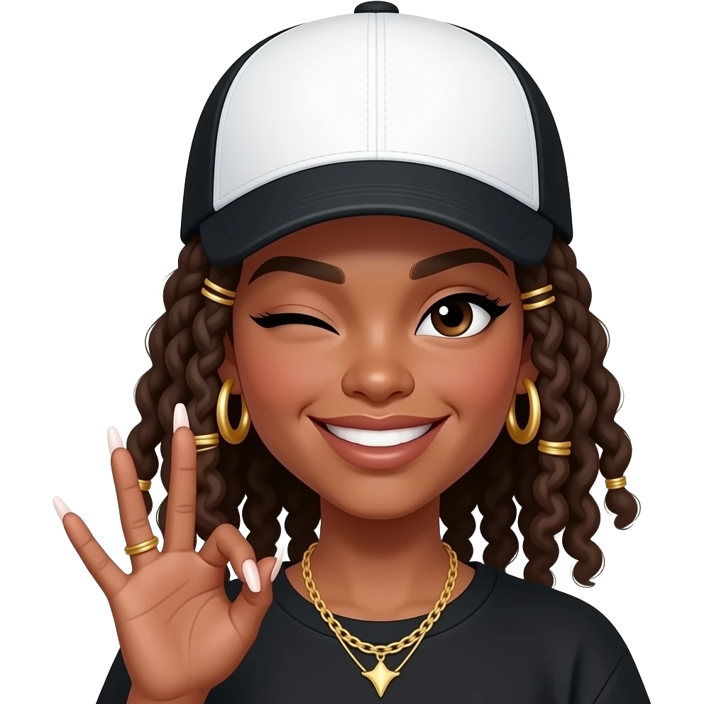 girl wearing a black & white trucker cap plain dreads,curly ends, gold hair charms & accessories. big sneaky smile eyes closed winking, hand displaying her long nails French manicure giving baddie vibes emoji