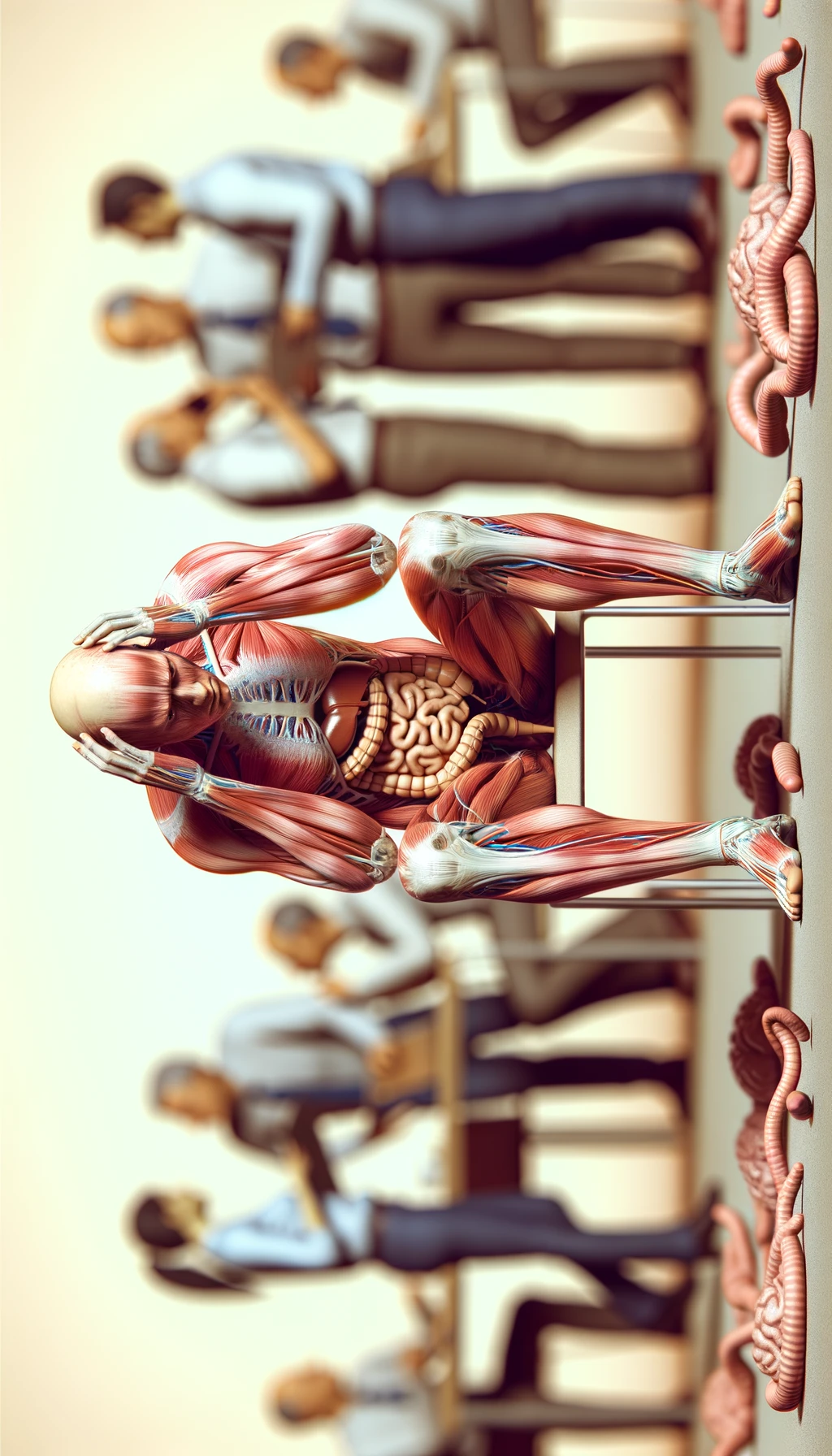 CORPO UMANO ANATOMICO SEDUTO a casa sua con intestinoa anatomico visibile CON PERSONE SFOCATE SULLO SFONDO CHE GLI PARLANO contro E LO ASSILLANO, LUI SI TIENE LE MANI SULLA TESTA ED è MOLTO STANCO E STRESSATO: non riesce ad ascoltare tutti quelli che gli stanno parlando, sfondo sul beige chiaro, IPERREALISTICO 4K emoji