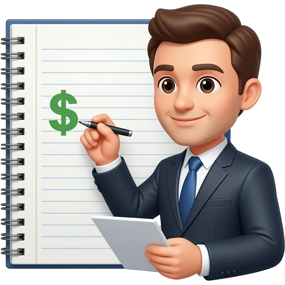 giant notebook written on by a man writing about money emoji