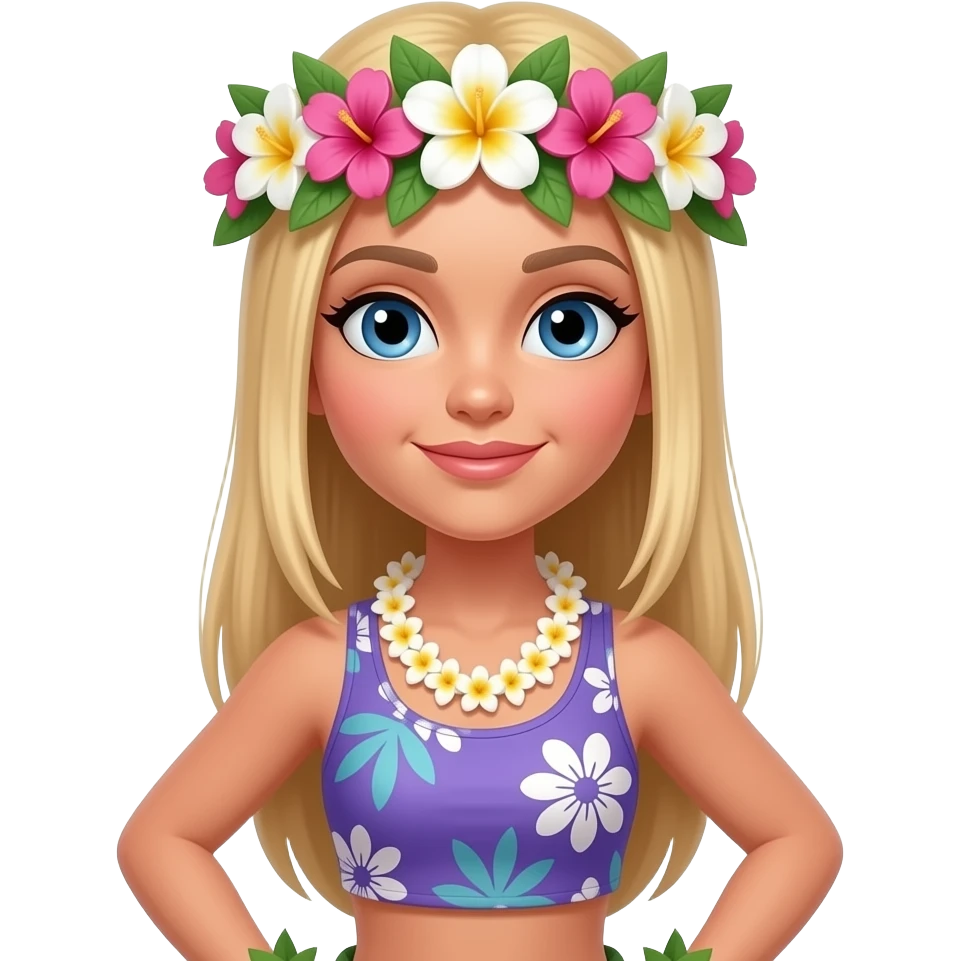Hawaiian hula dancer with straight blonde hair and blue eyes with a body and a flower crown and a cropped tank top instead of a bra emoji